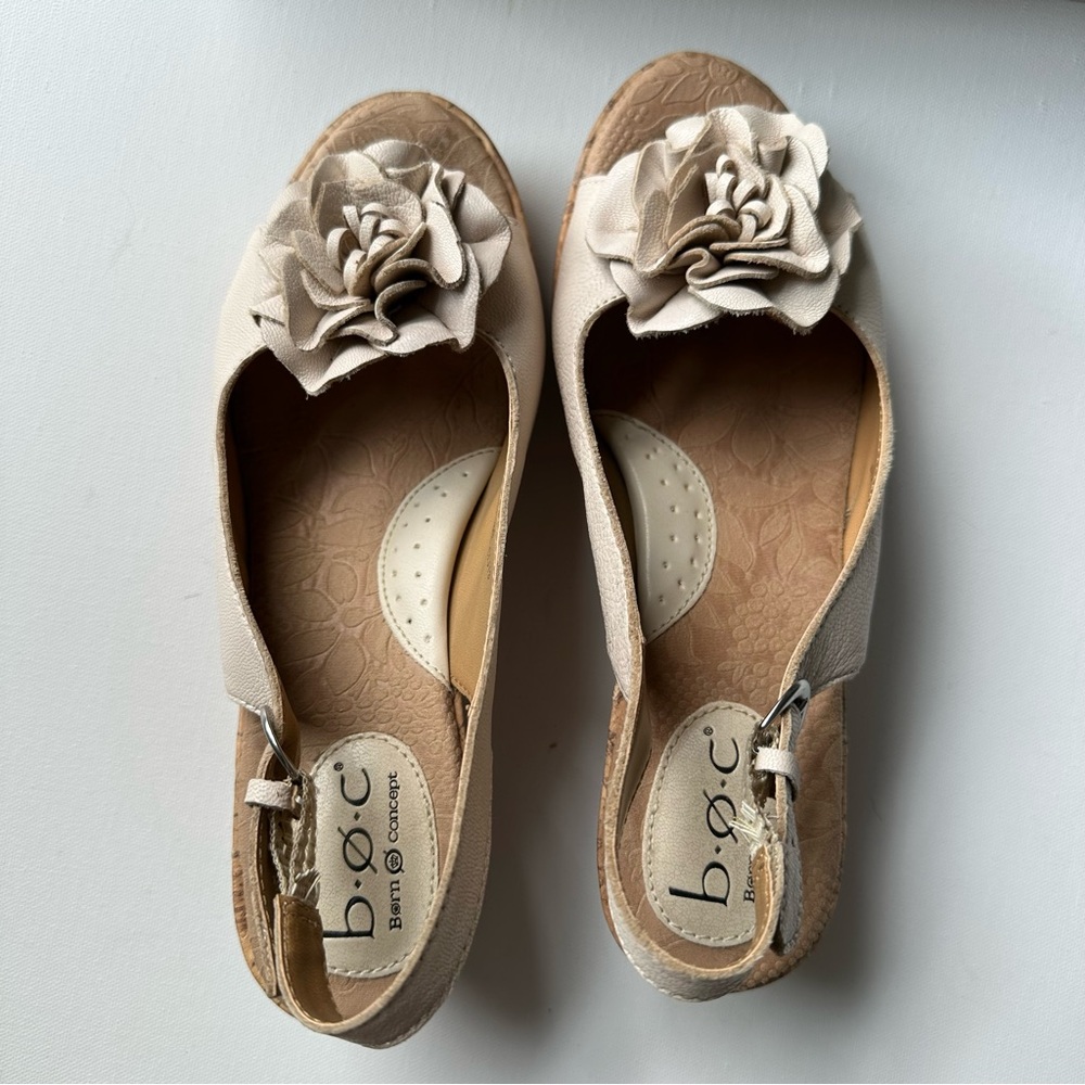 Floral Cream Leather Slingback Wedge Sandals - Picture 2 of 11
